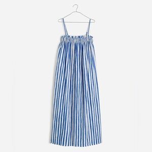 Madewell Ruffle A-line midi dress in stripe poplin.